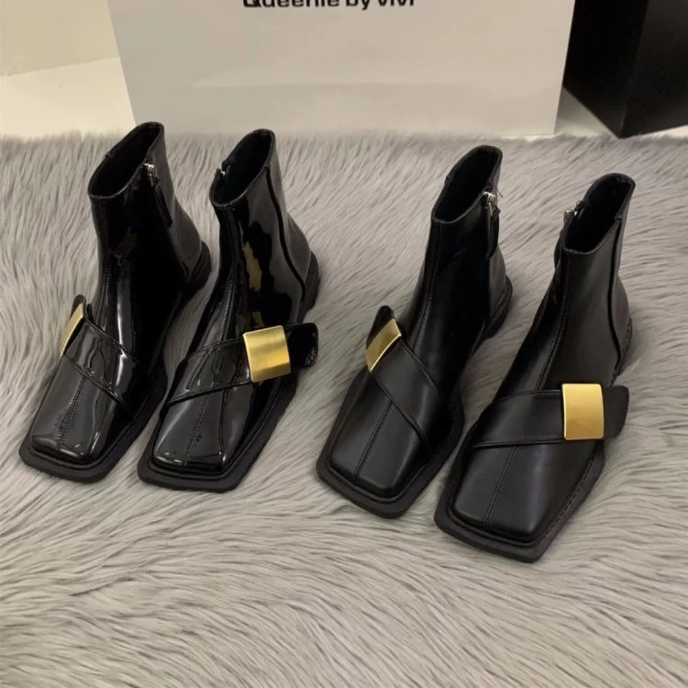 

Designer Vintage Women Ankle Boots Fashion Square Toe Shoes Spring Autumn Flats Ladies Black Short Booties