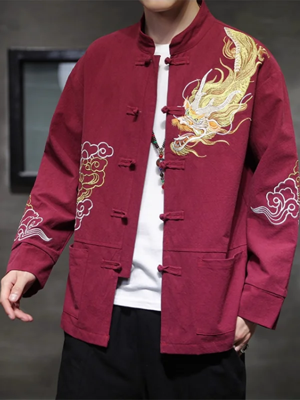 

Young Men's Spring Seasonal Linen Jaet Embroidered Traditional Chinese Sle Outerwear Casual Loose Fit Long Sve Coat