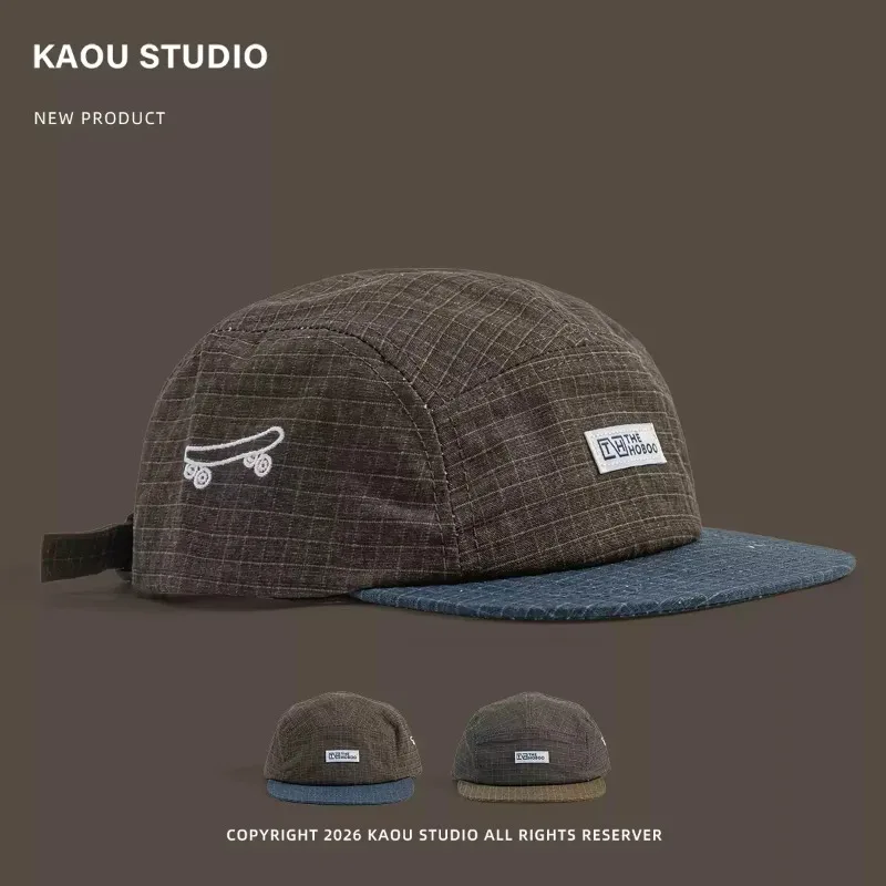 Skate Embroidery 5 Panel Baseball Caps Unisex Spliced Flat Brim Hat Ripstop Fabric Adjustable Streetwear Camp Hat for Men Women