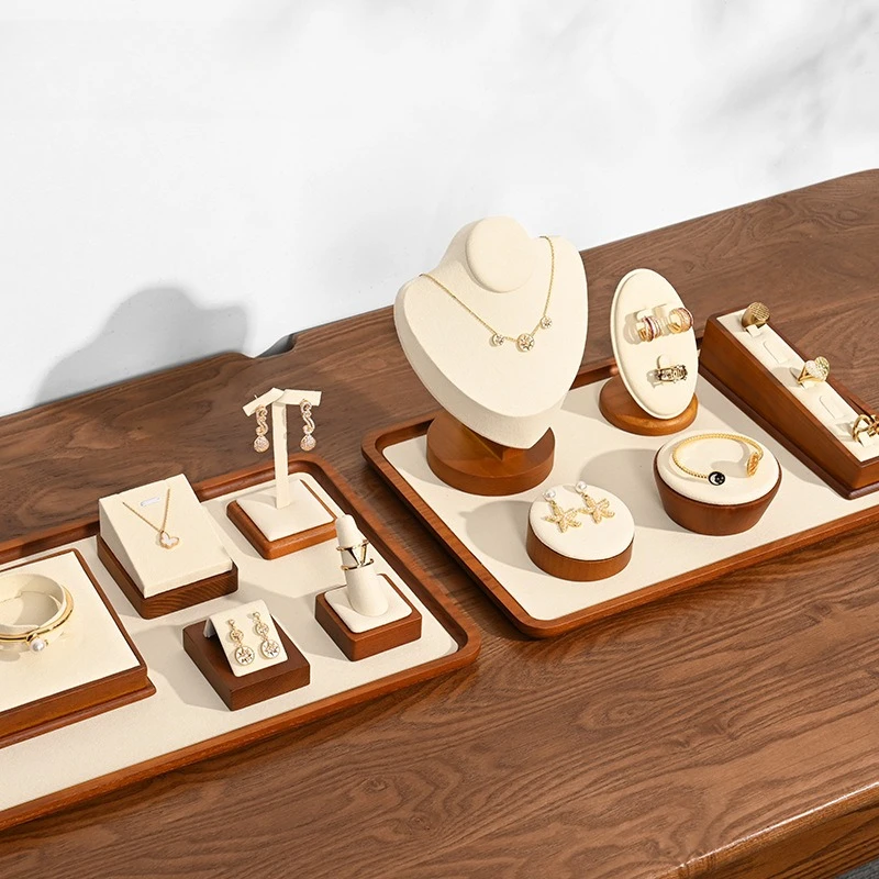 

Wooden Suede Beige Gray Jewelry Display Props, Exquisite Beaded Jadeite Jewelry Display Storage Props with Counters