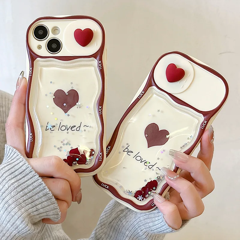 Instagram Minimalist Quicksand Red Heart Suitable For iPhone 11 12 13 14 15 Pro Max Phone Back Cover Protective Case Sliding Len