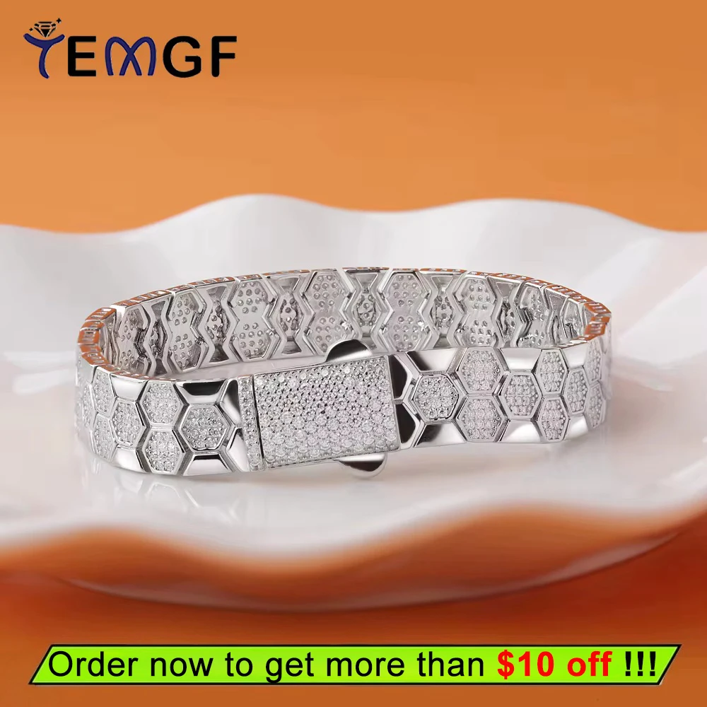 

TEMGF Full Moissanite Bracelet GRA Certification Unique Honeycomb Design S925 Sterling Silver for Men Woman Fashion Fine Jewelry