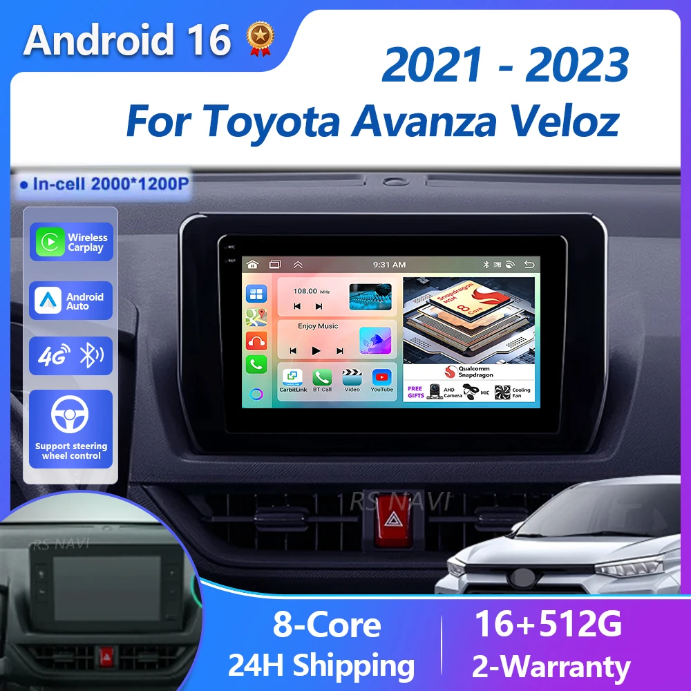 Radio para Auto con Pantalla Qualcomm, Android 16 Carplay, Plug and Play, para Toyota Avanza Veloz 2021-2023, Reproductor Multimedia DSP Estéreo