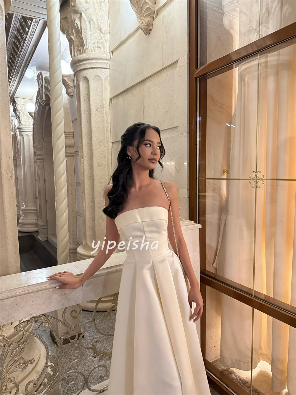 Customized Elegant Simple Charmeuse Ruched A-line Strapless Ankle Length Dresses Bespoke Occasion Dresses Modern Style Matching