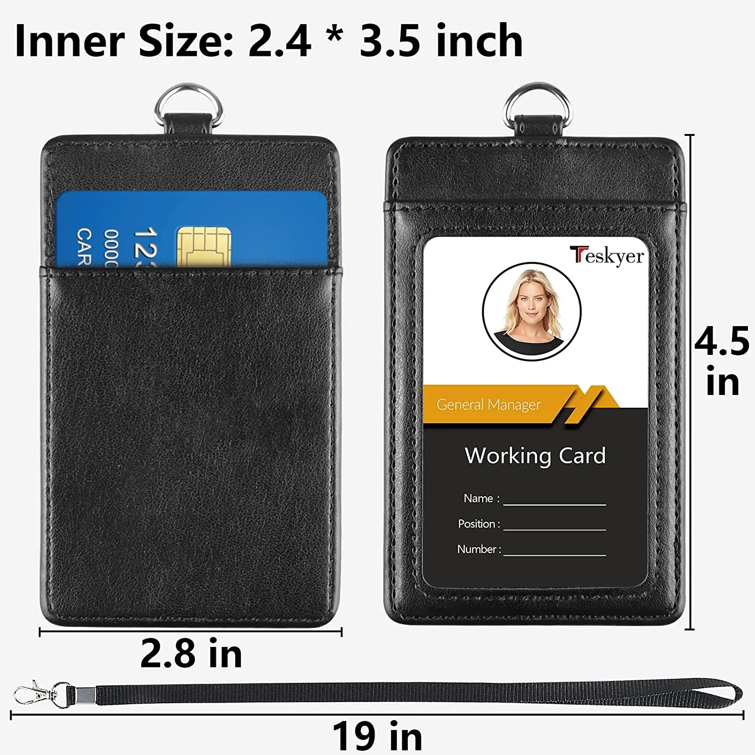 2023 NEW High Quality Real Leather ID Badge Holder Vertical PU 1 Clear ID Window 1 Credit Card Slot and Detachable Neck Lanyard