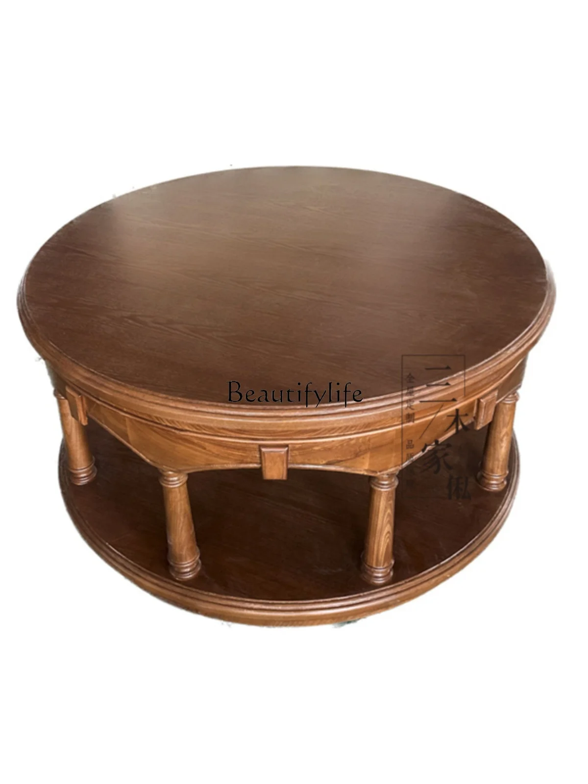 

American-Style Solid Wood Light Luxury round Tea Table Log Small Apartment Distressed Furniture