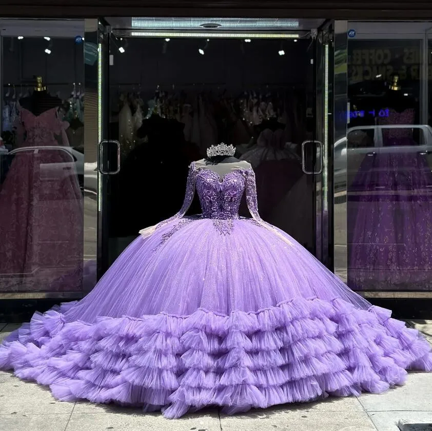 Lila lavanda princesa vestidos de quinceañera con manga larga volantes de diamantes CloundTrain vestido 15 años quinceañera personalizado