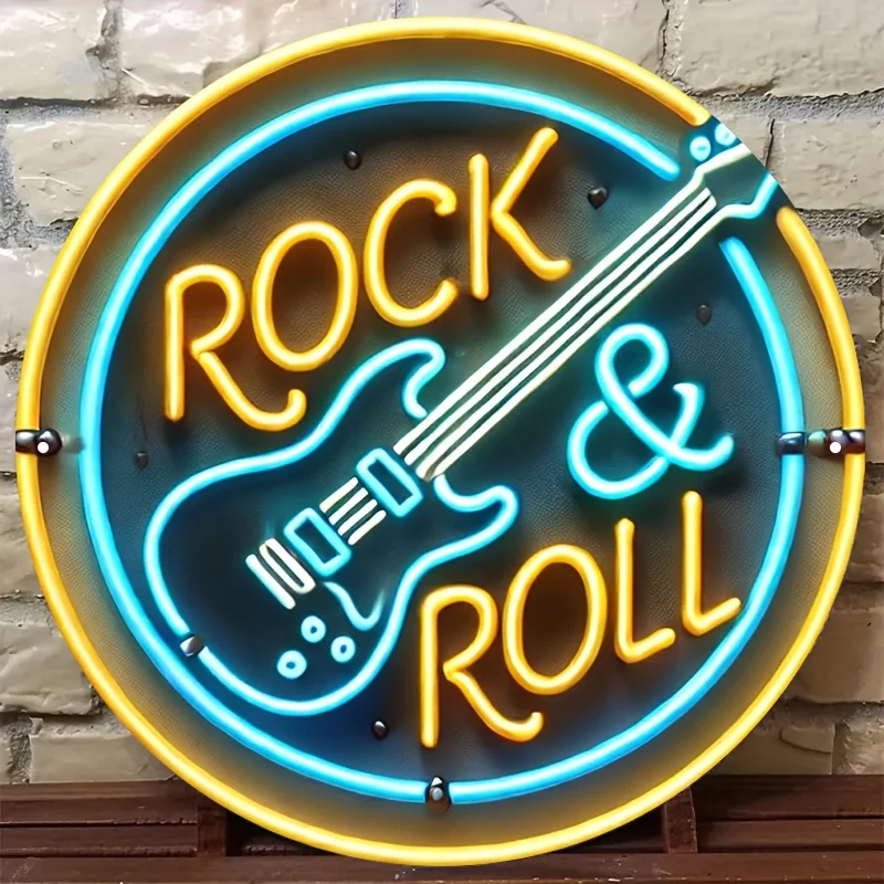 Rock and Roll Neon Style Round Metal Sign, 2D Flat Printed Electric Guitar Art Tin Plaque, Vibrant Blue and Yellow Retro Rock Mu
