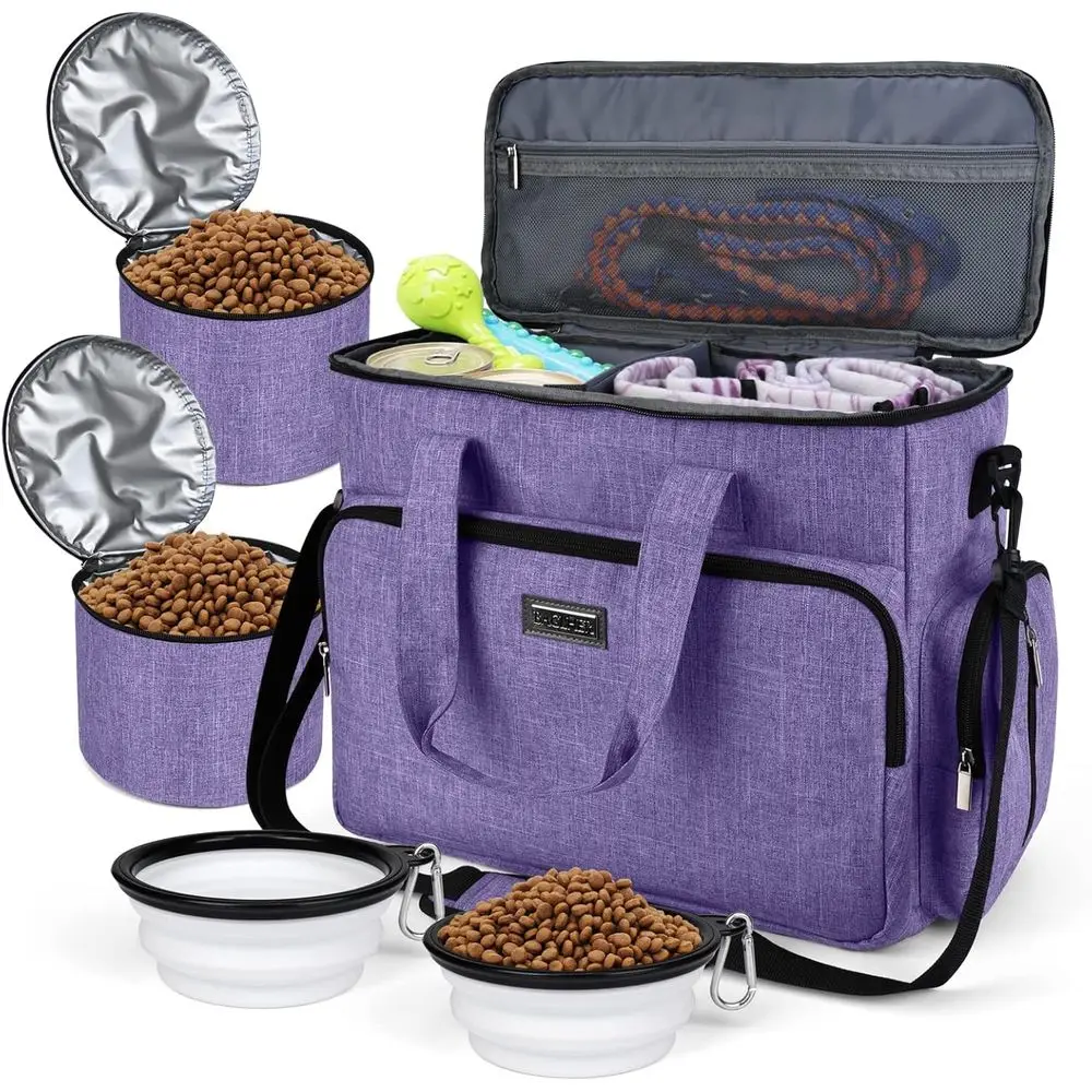 

Airline Approved Pet Tote Organizer with Multi-Function Pockets, 2 Food Storage Containers and 2 Collapsible Dog Bowls, Perfect