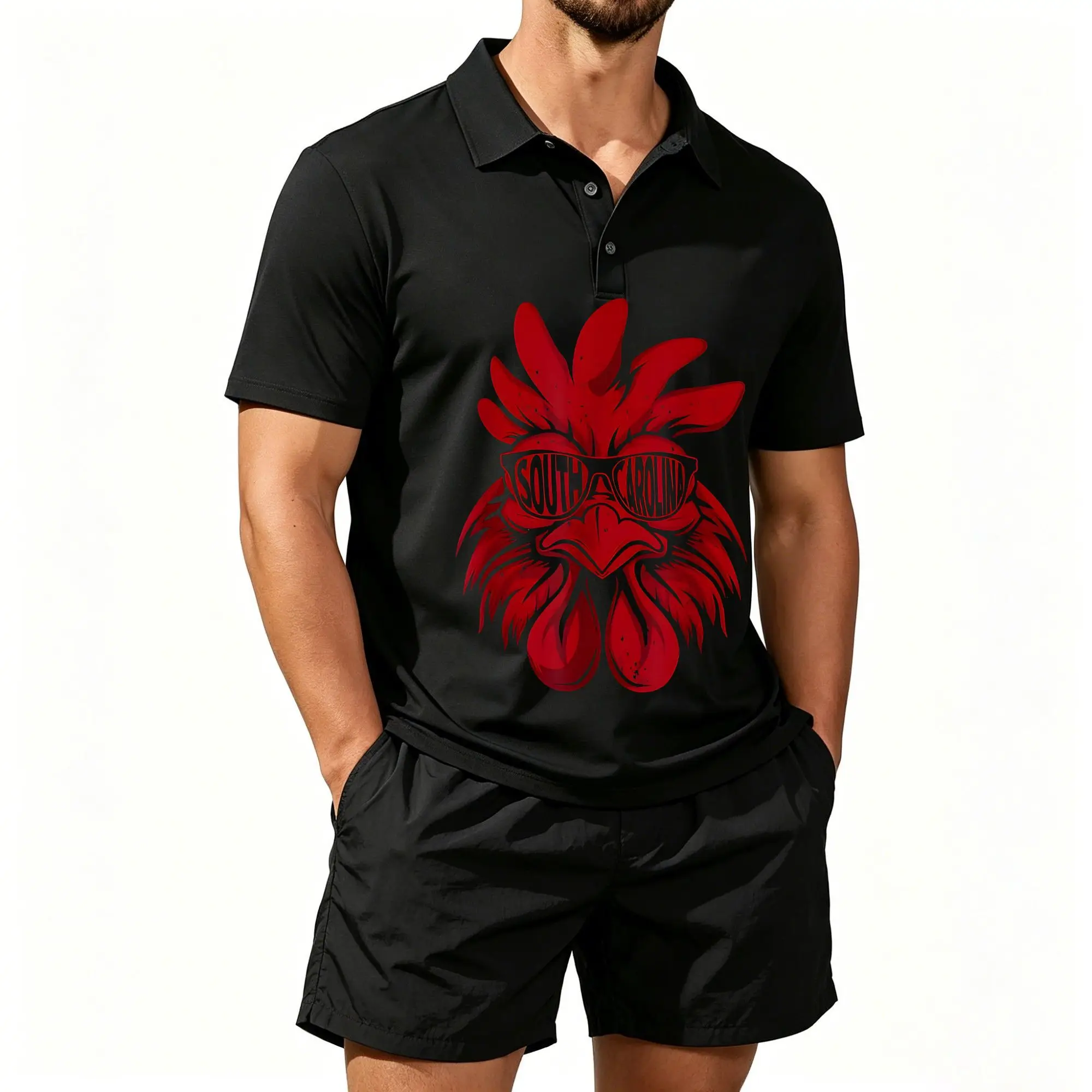 Men's Polo Shirt and Beach Shorts Two-Piece Set, South Carolina Retro Rooster, University Team Commemorative Print, Casual and Versatile, Comfortable to Wear, Well-Tailored