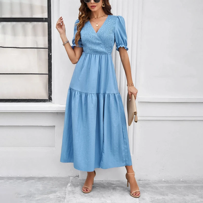 Spring and Summer Women's Dress Your Temperament Solid Color V-neck Short Sleeved Big Swing Long Skirt