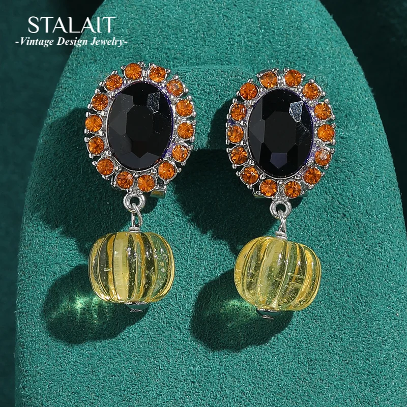 

Vintage Yellow Glaze Pumpkin Drop Earrings Black Crystal Accessories For Women Wedding Halloween Luxury Quality Jewelry 2025