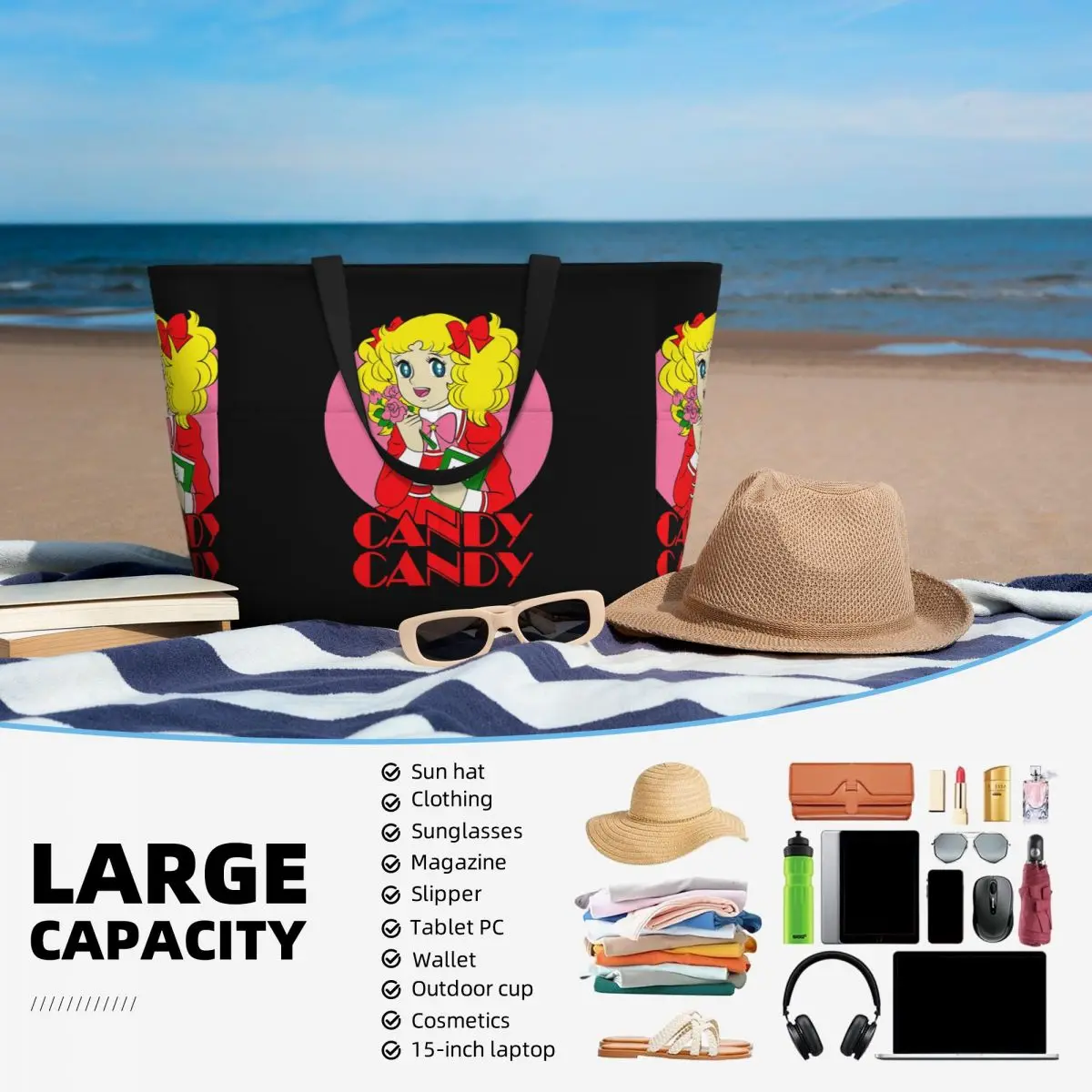 กระเป๋าโท้ทลายการ์ตูนแอนิเมะญี่ปุ่น Candy Candy สำหรับไปทะเล เล่นกีฬา ออกกำลังกาย โยคะ กระเป๋าเดินทางใบใหญ่สำหรับผู้หญิง กระเป๋าฟิตเนส