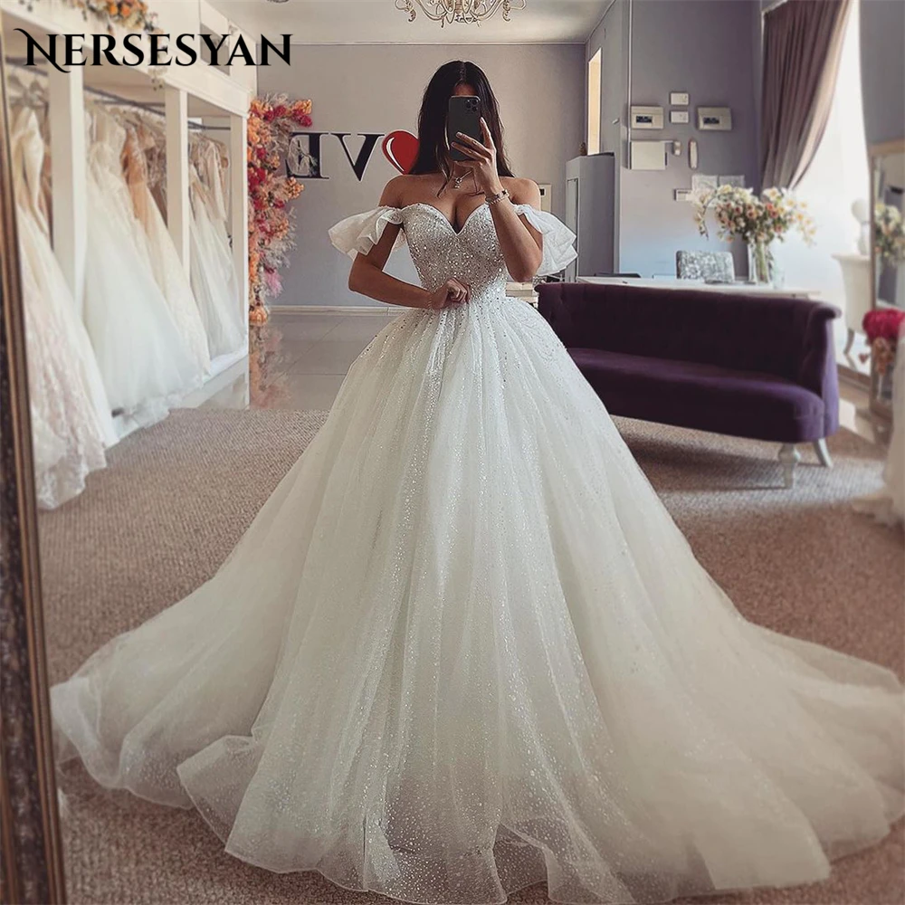 

Nersesyan Bohemia Glitter Lace Wedding Dresses Ruched Off Shoulder A-Line Bridal Gowns Backless Sparkly Princess Bride Dress