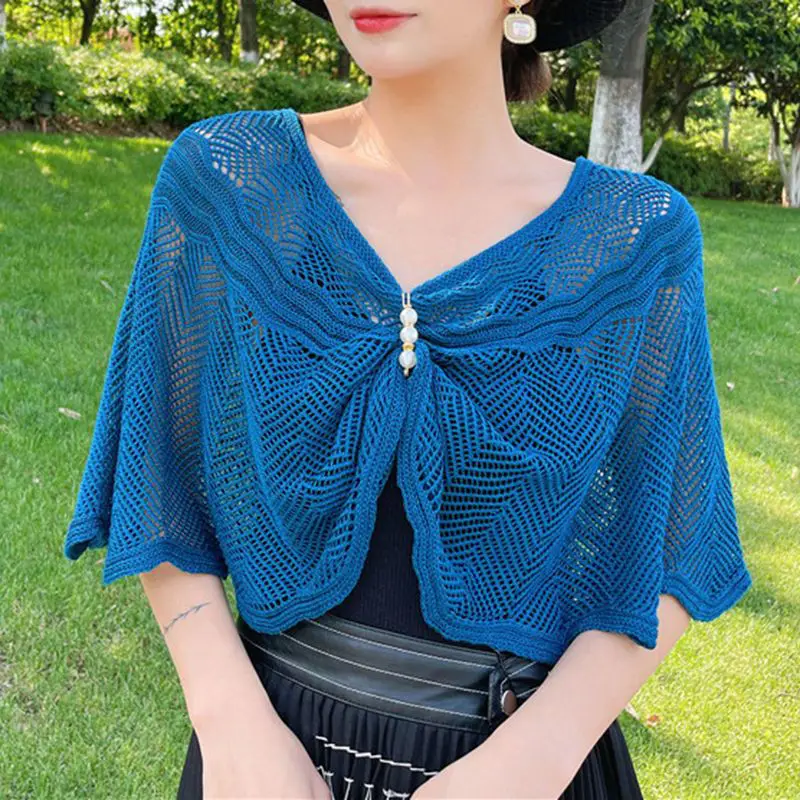 

Knitting Capes Pullover Spring Summer Fashion Solid Color Sunscreen Top Tee Ladies Office Lady Simplicity Hollow Out Loose Coat
