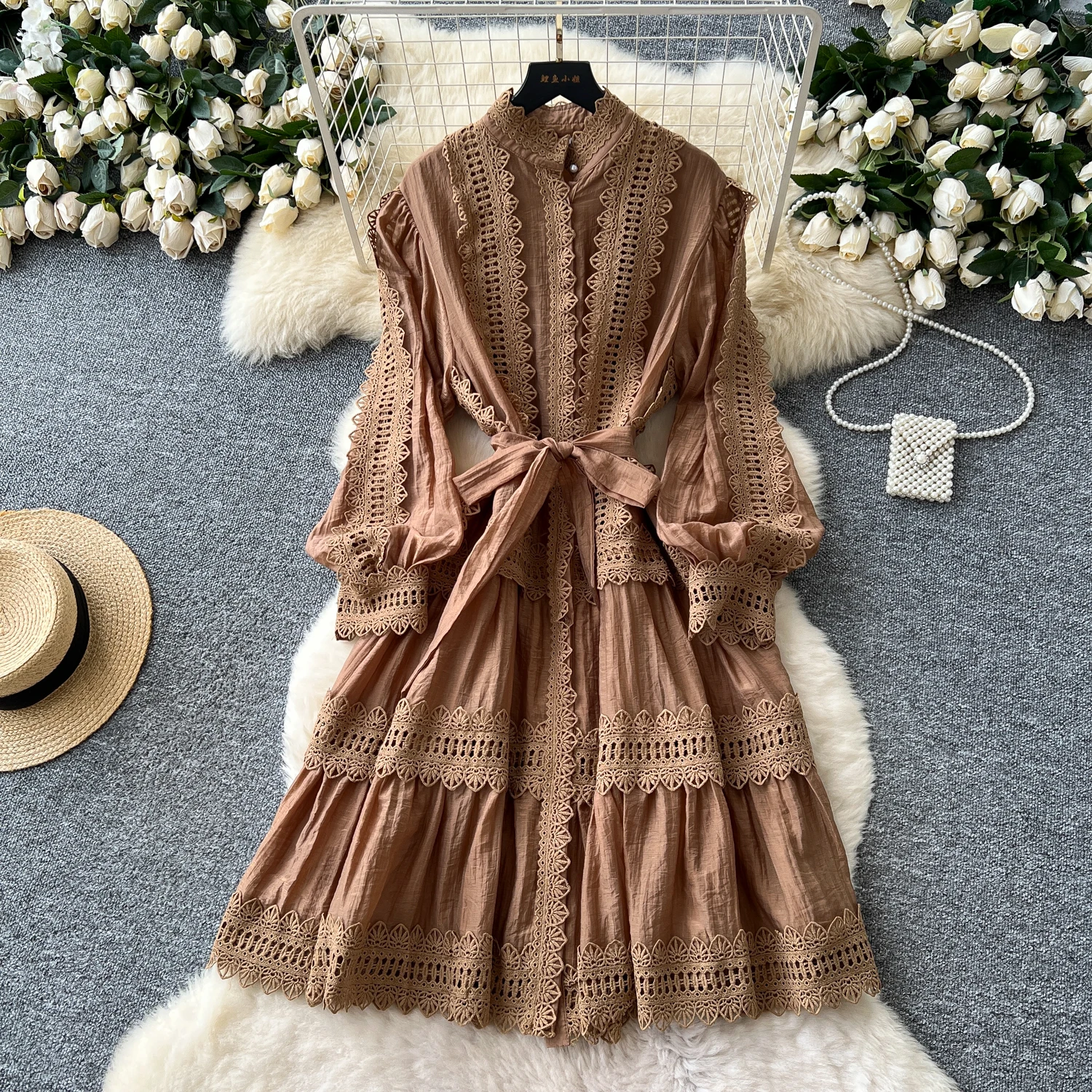 

Elegant Vintage Spliced lace long sleeve Slim French Evening Women Beach High Street Clothing ceremony dresses
