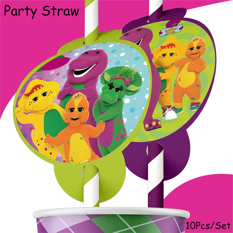 Barney Thema Geburtstags feier Dekorationen Kuchen Topper Geburtstag Tasse Serviette Platte Stroh wirbelt Aufkleber Kidsparty liefert Dekor – Detail 3