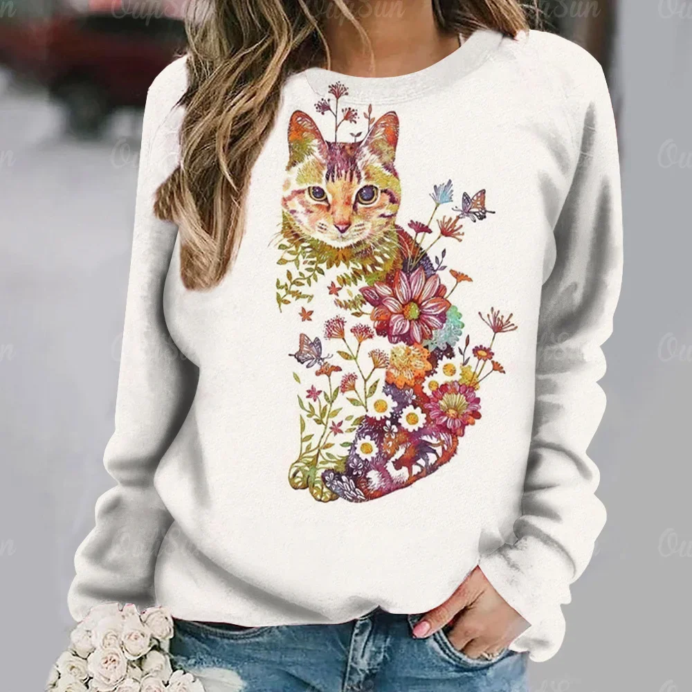 Anime Cat Printed Women\'s T-shirt Vintage Style Sweater Cotton O-neck Y2k Long Sleeve Ladies Clothing Oversized Street Pullover