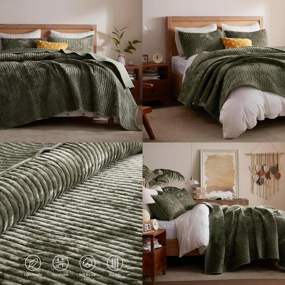 

King Size Olive Green Velvet Quilt with 2 Shams, Lightweight and Soft Cross Stitch Comforter Set