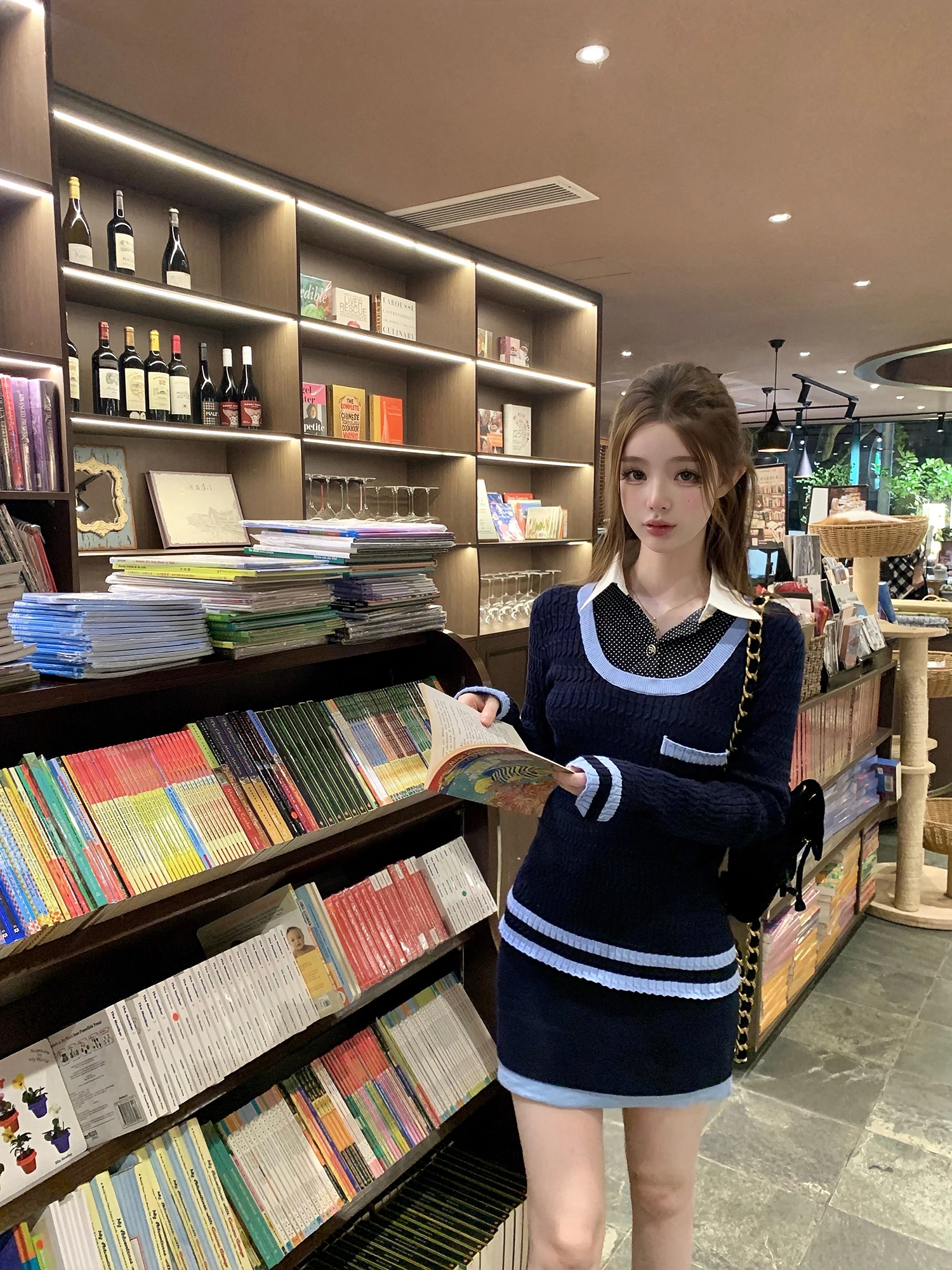 

Комплект из вязаного топа и юбки Viola Boutique Seoul High School Sle, имитирующий двухслойный образ, в стиле колледж, модный ансамбль для женщин