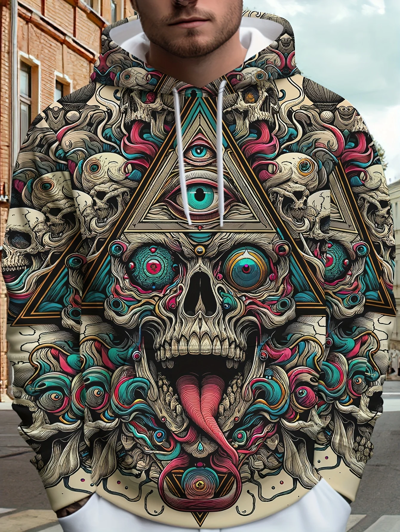 3D Print Hoodie Men Skull All Seeing Eye Triangle Retro Skeleton Tattoo All Over Print Drawstring Casual Hooded Sweat Top