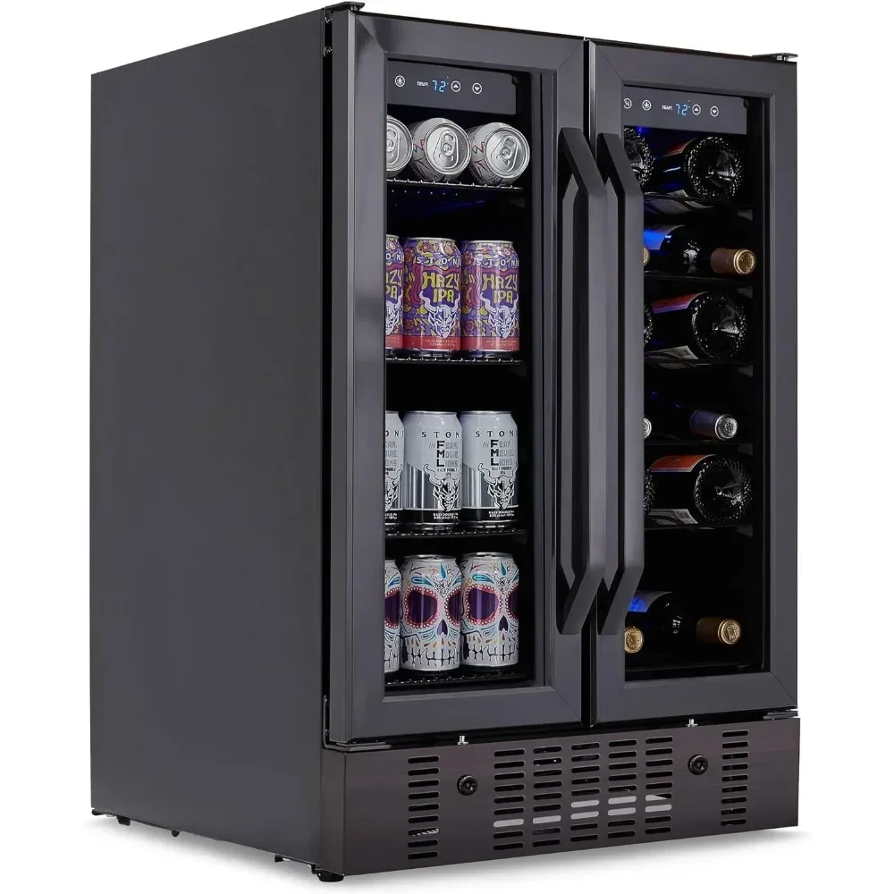 

%a 24” Wine and Beverage Refrigerator and Cooler, 18 Bottle and 60 Can Capacity, Built-in Dual Zone Fridge in Black Stainless