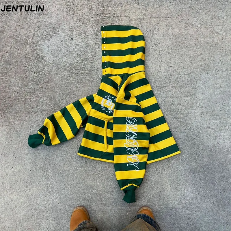 Street Aesthetic Youth Zipper Style Hip Hop Contrasting Color Streetwear Unisex Loose Fit Y2K Retro Striped Hooded Sweatshirt
