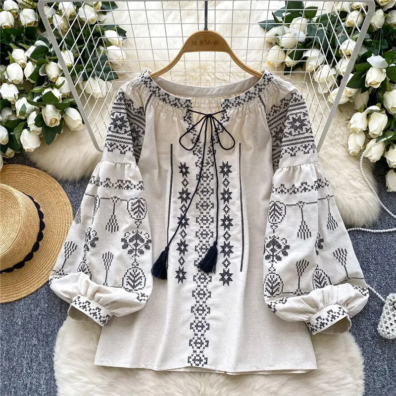 2025 Spring New Blouse Women Fashion Versatile Embroidery Lantern Sleeve Lace Up O-Neck Pullover Shirt Female Loose Tops B961