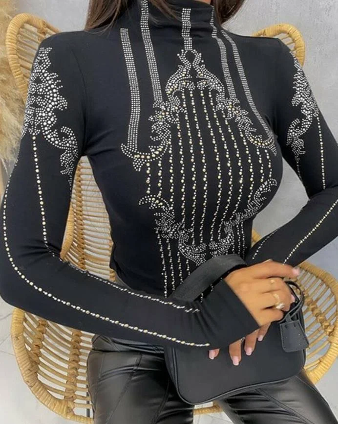 

Women's Elegant Style Top 2024 Spring Summer Latest Rhinestone Decor Long Sleeves T-Shirt Casual Mock Neck Skinny Blouses