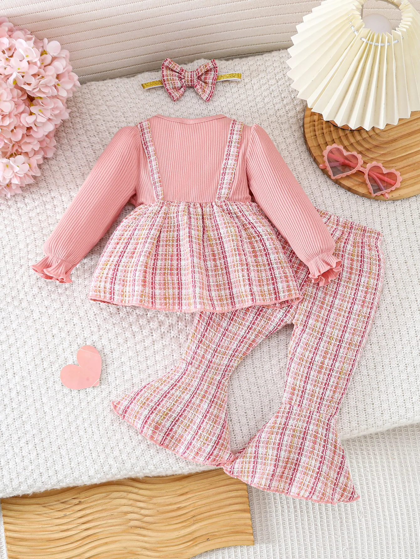 2pcs Spring Autumn Baby Girl Pink Tweed Plaid Outfit Set, Ruffle Ribbed Long Sleeve Fake Two-Piece Top + Plaid Flared Pants