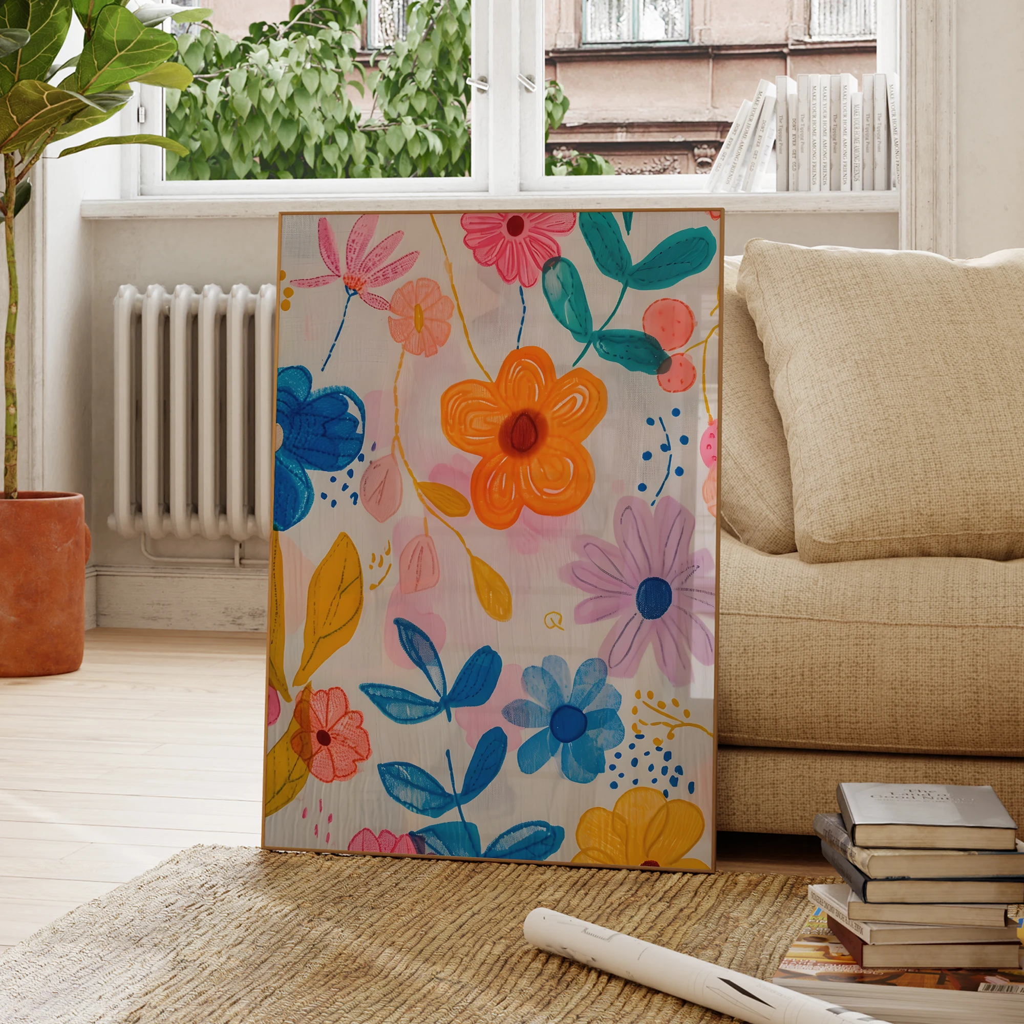 الحديثة الوردي الأزرق والأصفر الزهور المتشابكة جدار الفن يطبع قماش اللوحة المشارك صورة لغرفة المعيشة ديكور المنزل