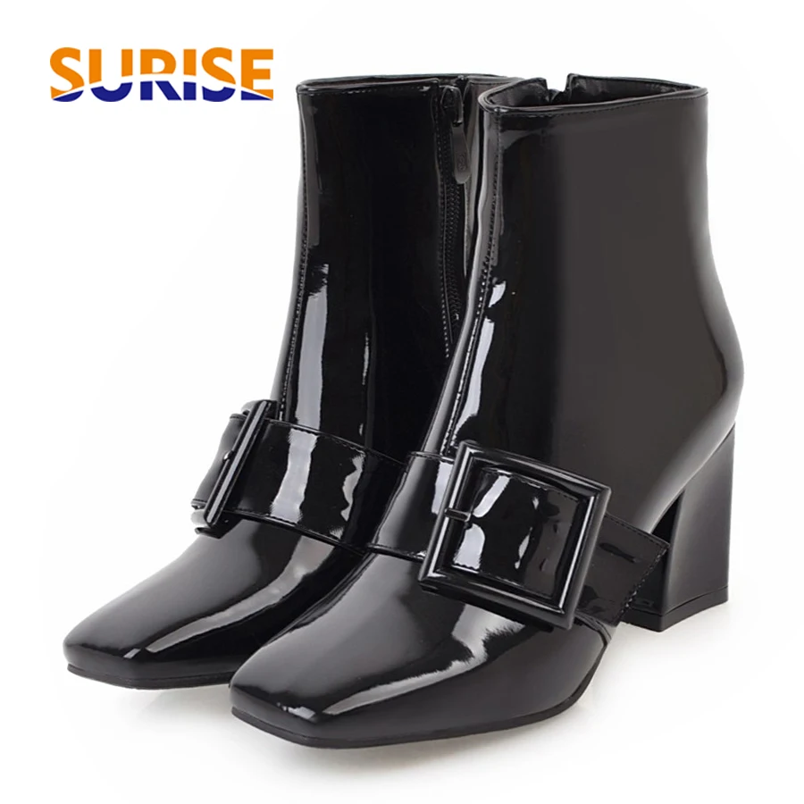 

Big Size Women Ankle Boots Patent Leather High Block Heels Square Toe Casual Party Dress Buckle Winter Ladies Zipper Short Boots