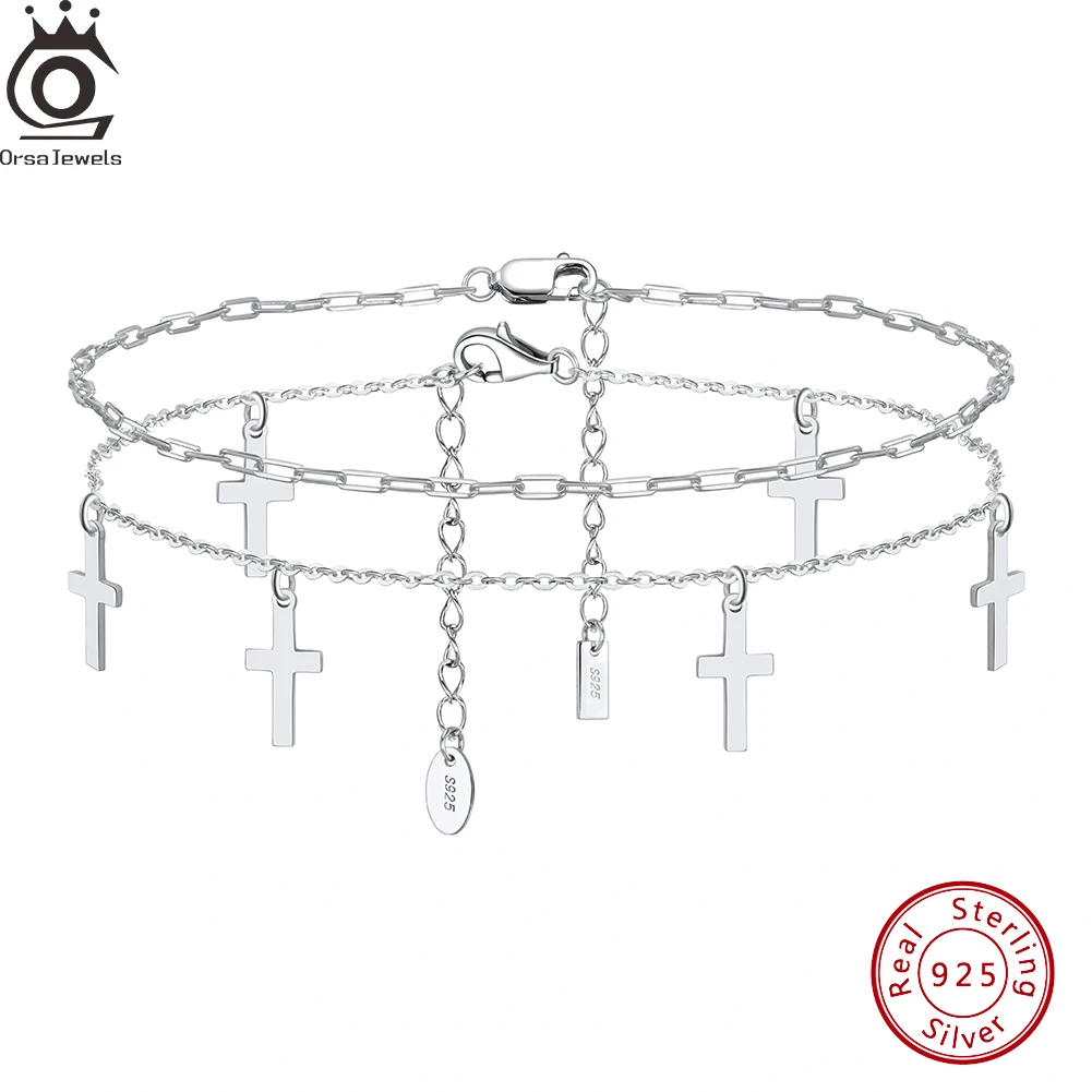 ORSA JEWELS 925 Sterling Silver Charms Anklet Bracelet Paperclip Chain For Women Girls Streetwear Fashion Jewelry Beach SSA05