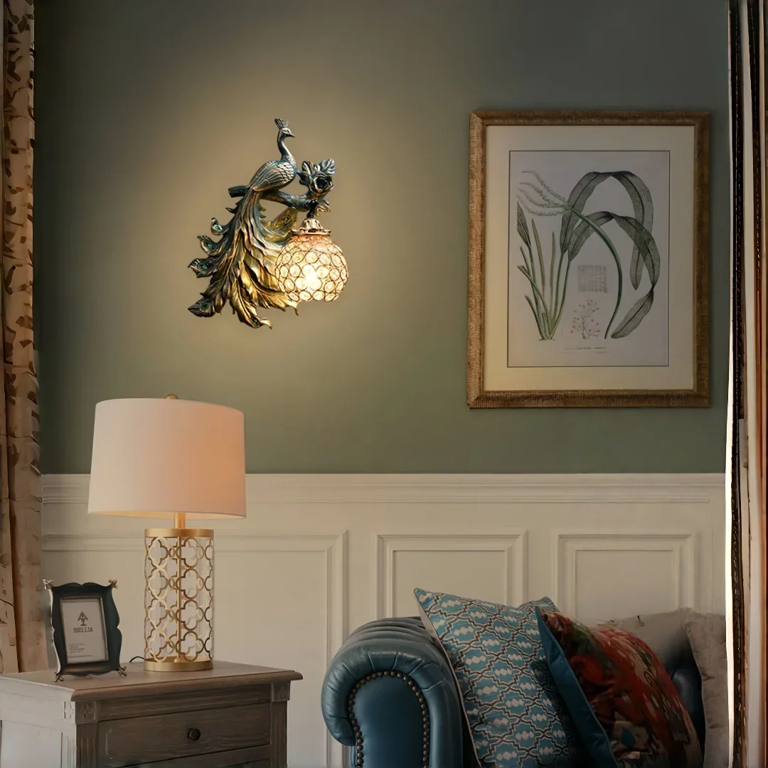 TechHPLuxury Peacock Wall Sconce Vintage Art Deco Wall Lamp For Living Room Bedroom Corridor Villa Home Decor