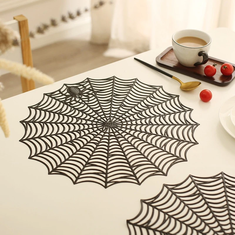 12Pcs 15Inch Halloween Spider Web Placemats 3.94Inch Cup Mat Halloween Placemats Spider Web Table Mats