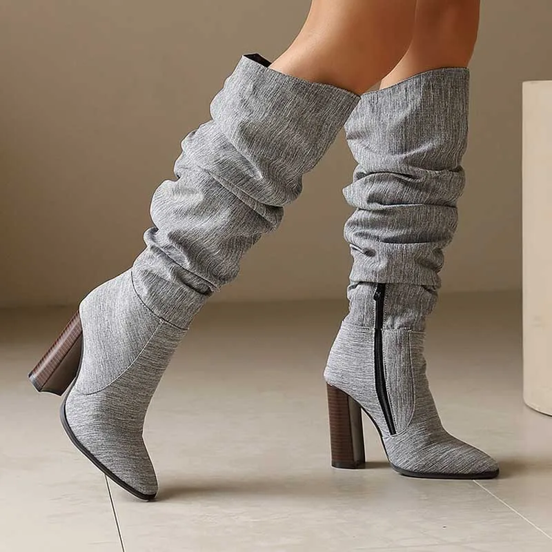 

Новые зимние женские высокие сапоги 2026 с эффектом мятой ткани, на высоком каблуке, с боковой молнией, WSH5171