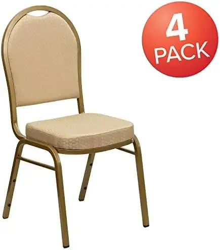 4 Pack HERCULES Series Dome Back Stacking Banquet Chair in Beige Patterned Fabric - Gold Frame