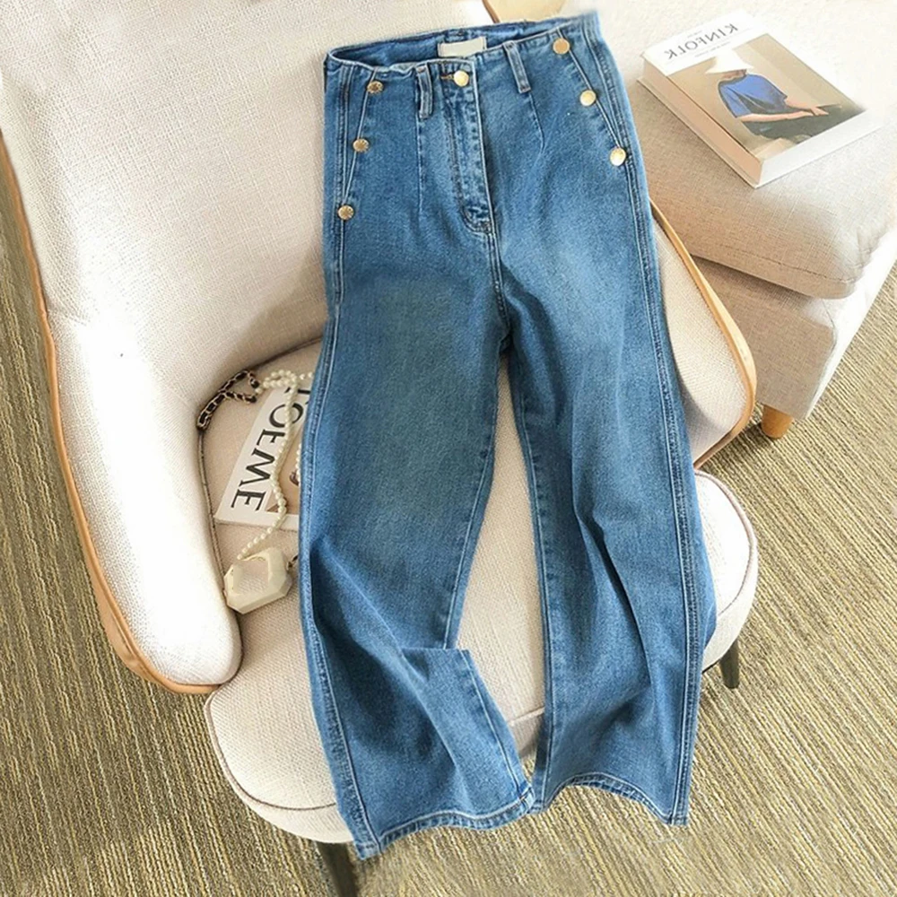 

Fashion Versatile Wide Leg Jeans For Women High Waist Unique Button Decor Design Sense Loose Thin Style Long Denim Pants