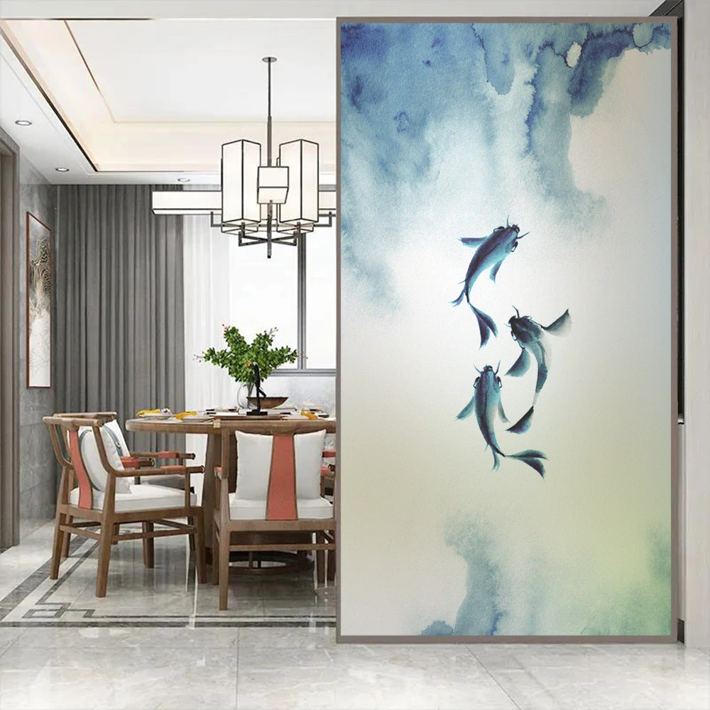 Static Cling Privacy Window Film Heat Control UV Blocking Window Glass Film Fish Painting Frosted Window Film