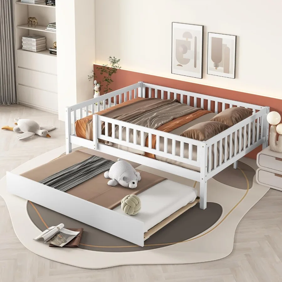 Full Size Daybed with Trundle Wood Full Platform Bed Frame with Rails No Box Spring Needed Easy Assembly for Bedroom or Guest R