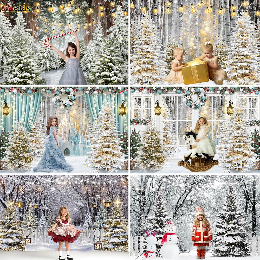 

Winter Christmas Tree Snowy Photography Background Studio Glitter Lights Castle Photobooth Backdrop Kids Cake Smash Photocall