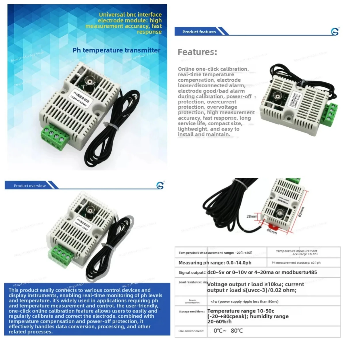 

pH Temperature Transmitter Sensor, 4-20mA RS485 Output, Online One-Key Calibration Module for Water Quality Monitoring