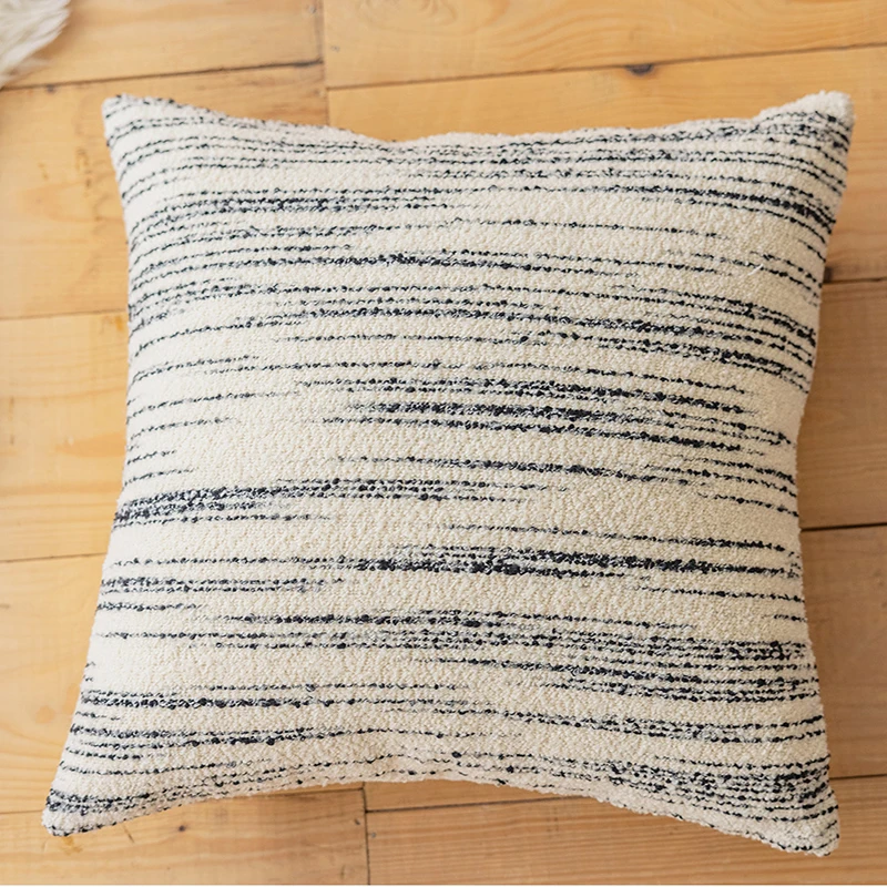 French Luxury Plush Pillow Cases Comfortable and Soft Woolen Jacquard Pillow Cover Beige Black Striped Cushion Cover Home Decor