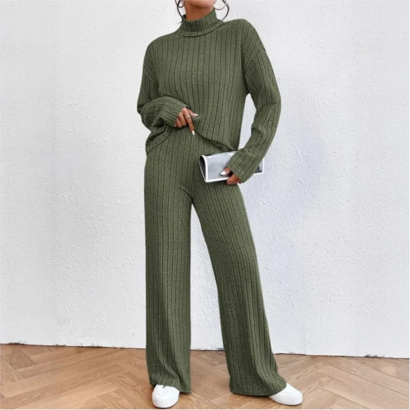 2026 Autumn Winter New Knitted Pants Set Solid Color Long Sleeve Half High Neck Pullover Top+Pants Simple Slim Female Home Wear