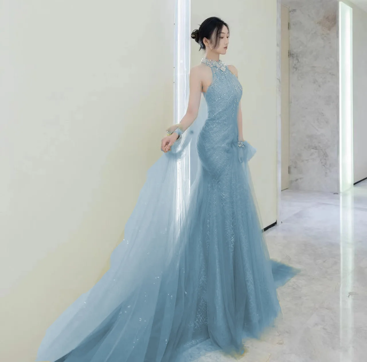 Dusty Blue Mermaid Long Evening Dresses For Women Fashion Sexy Backless Wedding Party Sweep Train Dress Crystal Prom Ball Gowns