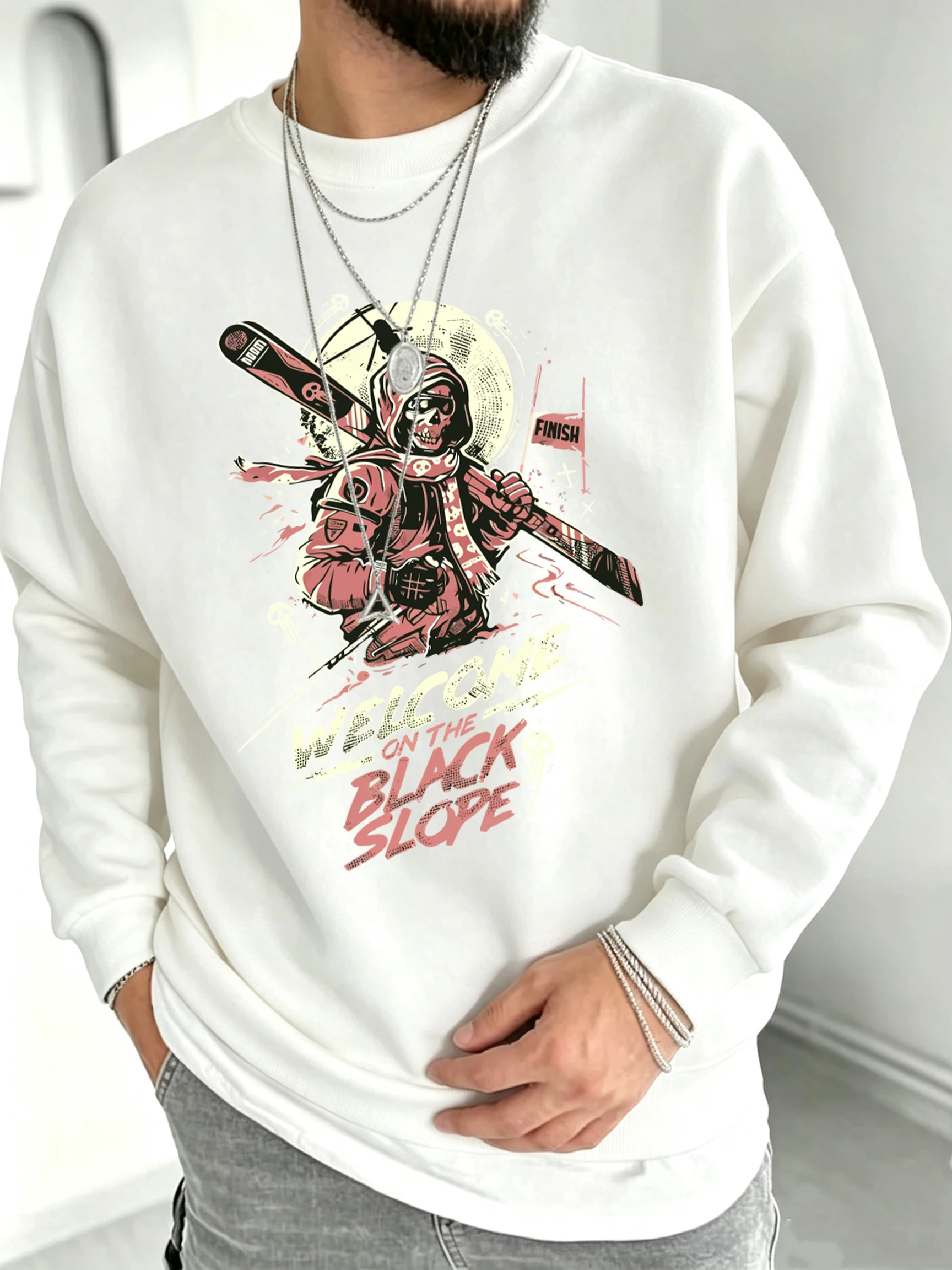 Ski Skeleton Extreme Sports Pattern Trendy Pullover Men All-Match Fleece Casualwear Autumn O-Neck Long Sleeve Loose Soft Clothes