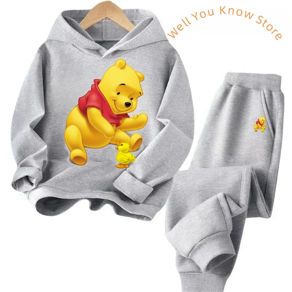 Disney Pooh Winnie Bear Hoodies Set Autumn Children Cartoon Hoodies Tops+Long Pants 2PCS Suit Kids Winnie-the-Pooh Outfits