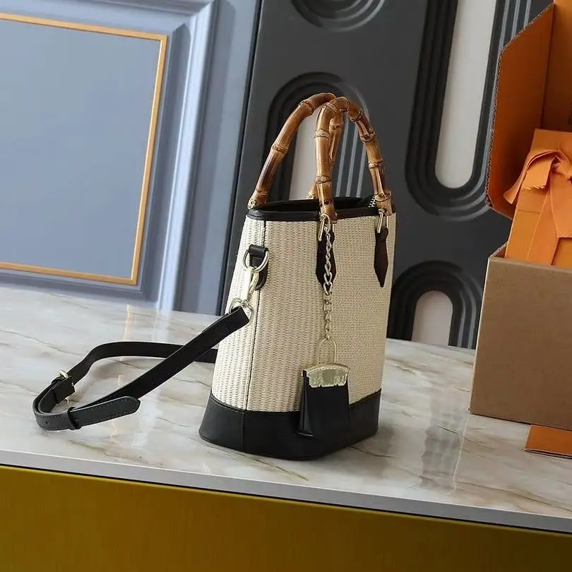 Straw Woven Bucket Handbag, Luxury Multi-Way Mini Handbag