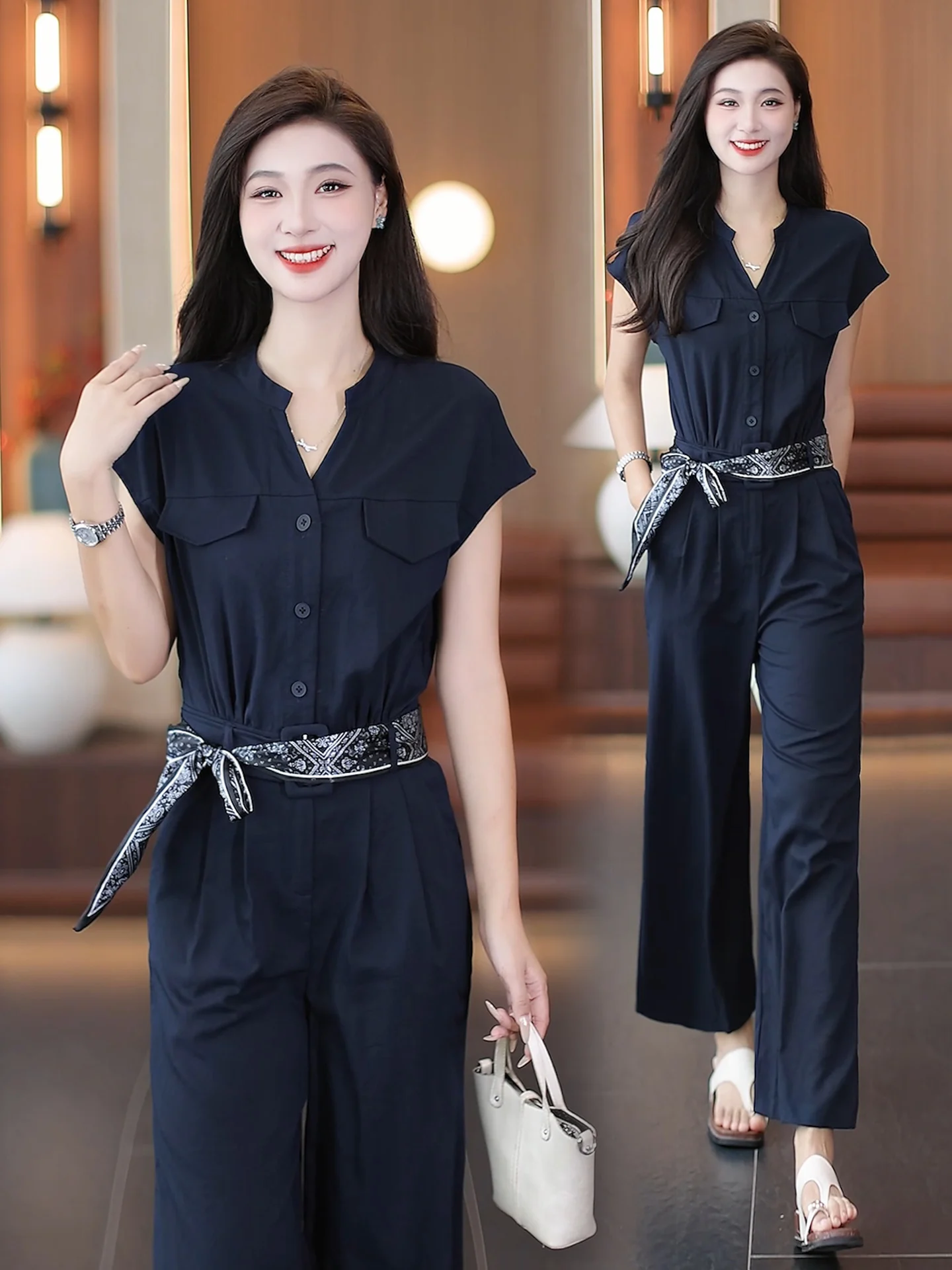 ファイオナブル レディース スーツセット スリム ワンピースパンツ Vネック ロングパンツ ボタン留め エレガント 夏服