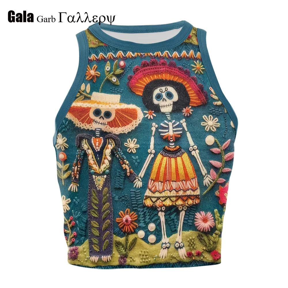 

Personality Folk Art 3D Print Crop Top Halloween Day of the Dead Sleeveless Shirts for Women Summer Fashion Graphic Tank Top